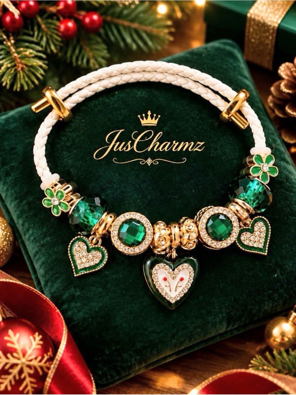 ✨ Emerald Green Heart & Floral Charm Bracelet ✨